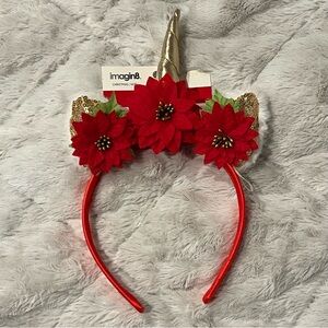 Holidays Christmas Unicorn Headband with Red Flowers and Golden Horn and Ears